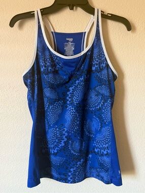 Danskin Now Dri-More Tech Tank Womens M Blue Floral Racerback Built-In Bra